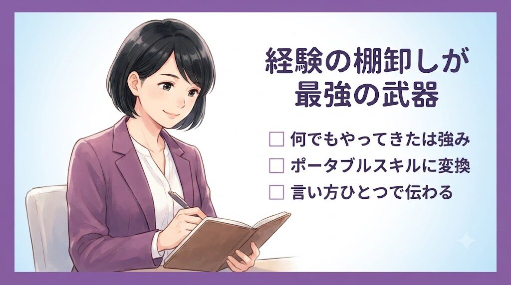 資格なしの40代女性が経験の棚卸しでポータブルスキルを見つけるイラスト