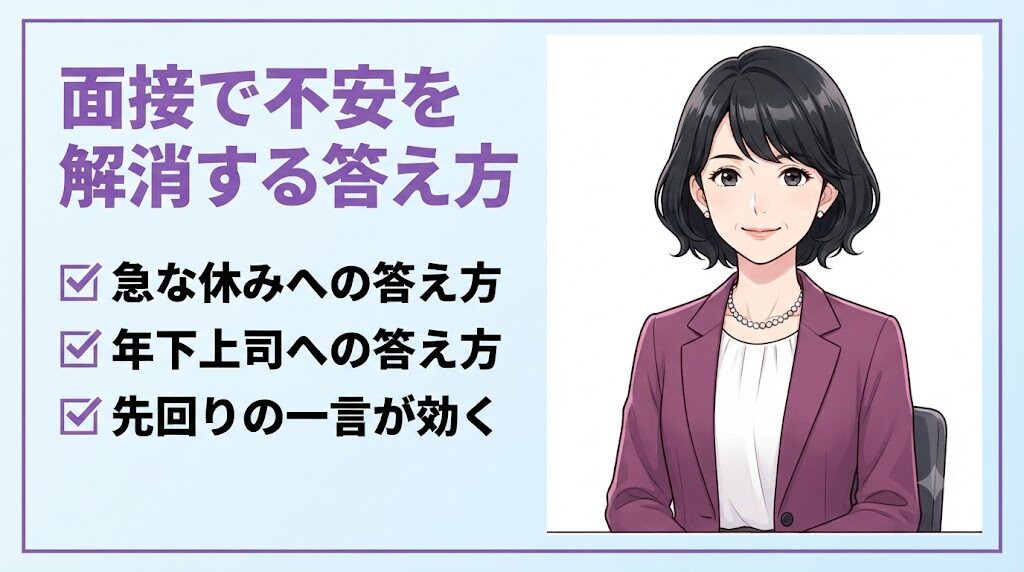 40代女性の転職面接で企業側の不安に答えるコツを解説するイラスト