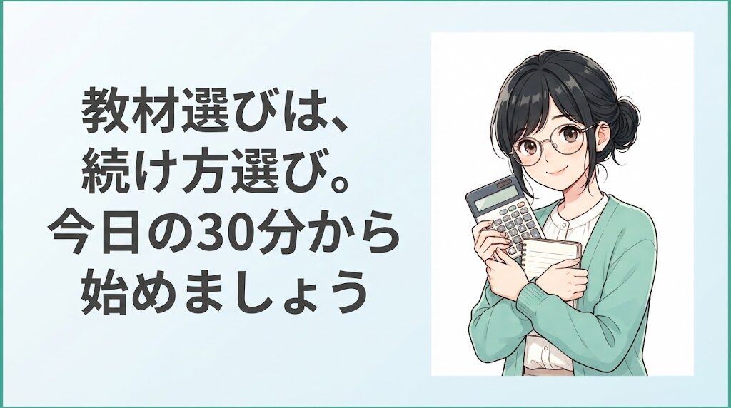 簿記の教材は続けられる仕組みで選ぼうとまとめる女性のイラスト