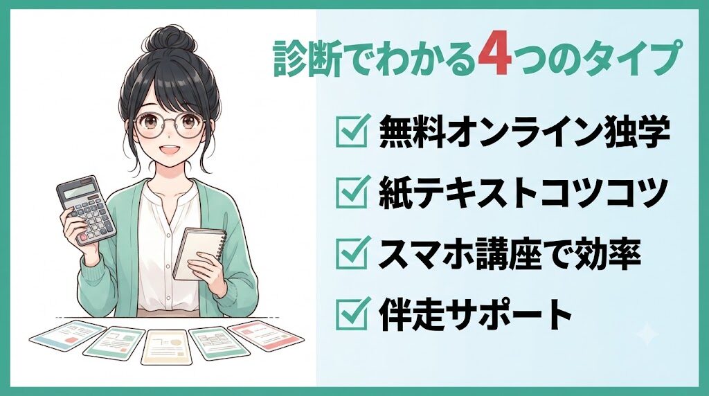 簿記教材診断でわかる4つのタイプ(無料オンライン独学・紙テキスト・スマホ講座・伴走サポート)の図解イラスト