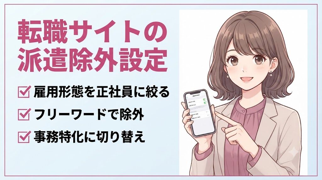 転職サイトで派遣ばかり表示されるときに正社員求人へ絞り込む除外設定を解説するイラスト