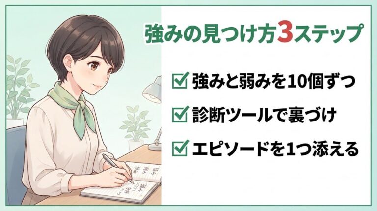 自分の強みの見つけ方3ステップをノートに書き出す女性のイラスト