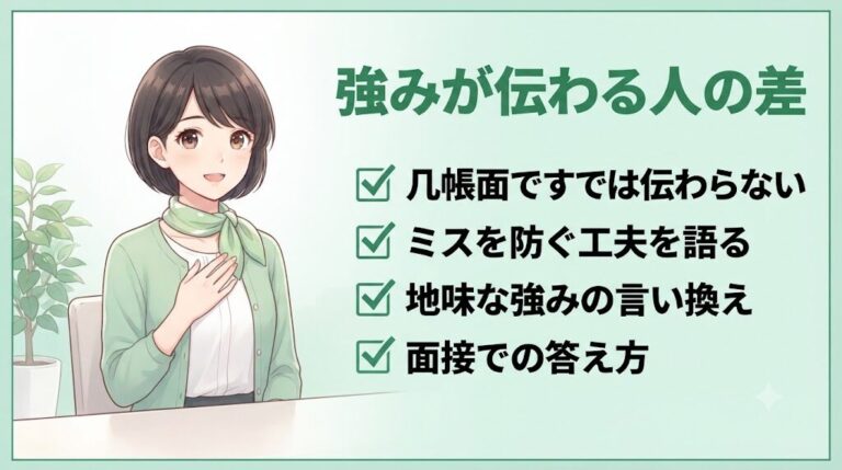面接で自分の強みを穏やかに伝える女性のイラスト