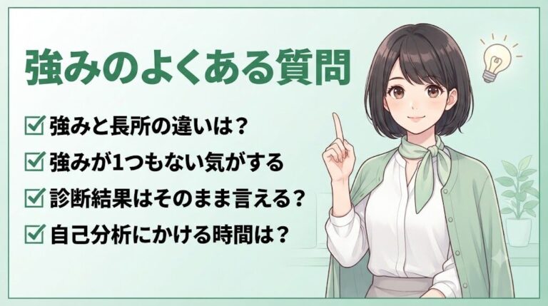 自分の強みがわからない人のよくある質問にひらめく女性のイラスト