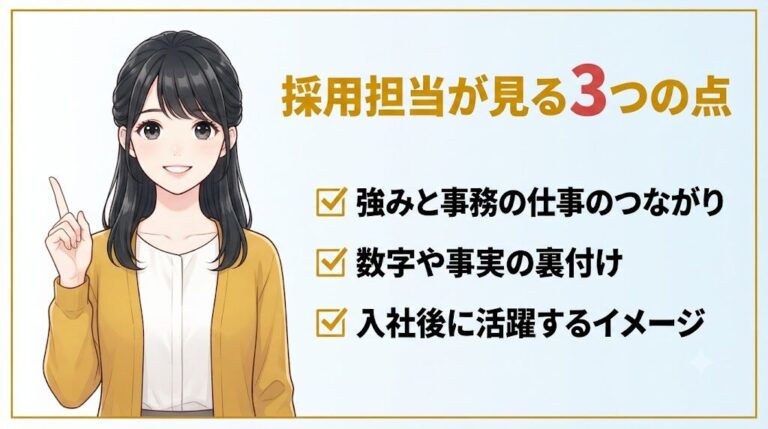 事務職の自己PRで採用担当が見ているポイント3つを説明する採用担当目線の女性のイラスト