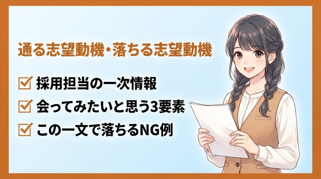 採用担当が事務職未経験の志望動機を選考している場面のイラスト