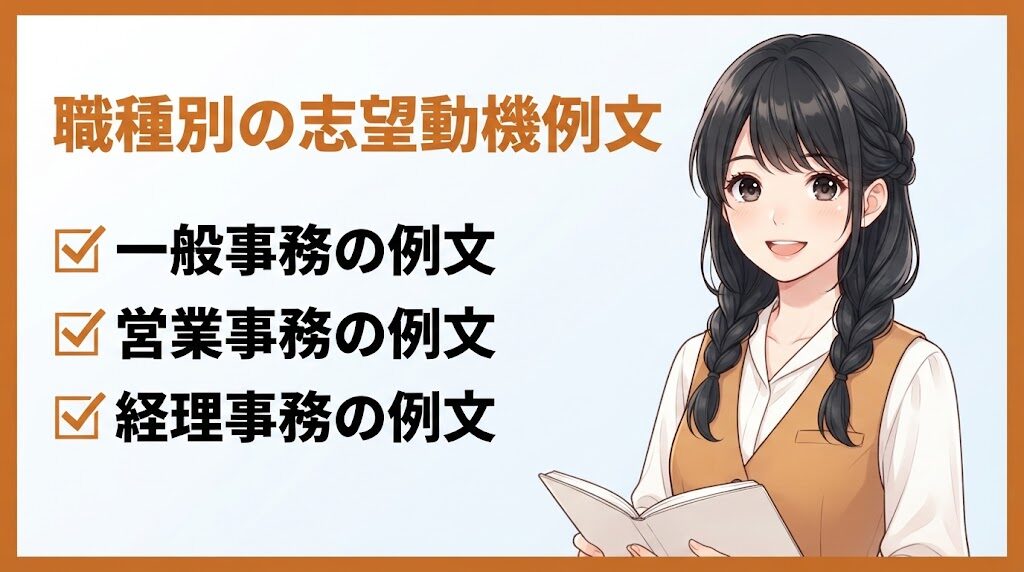 一般事務・営業事務・経理事務の志望動機例文を紹介するイラスト