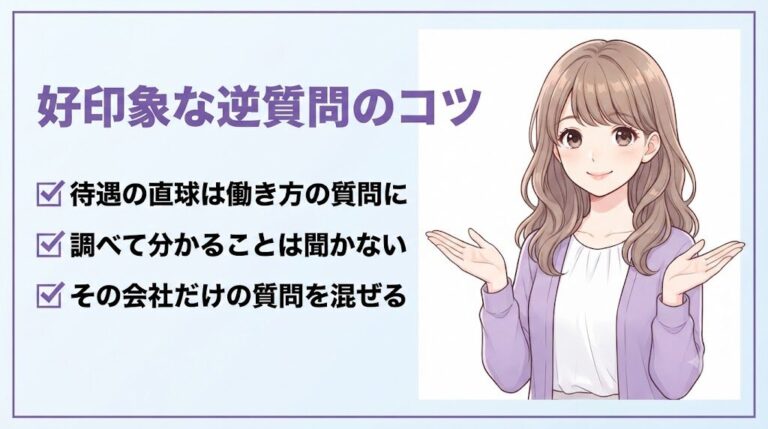 面接の逆質問でNGな聞き方を好印象なOKの聞き方に言い換えるコツを紹介する事務職女性のイラスト