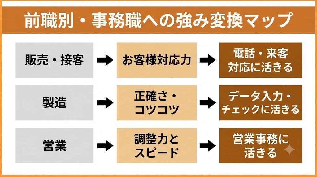 販売・製造・営業の経験を事務職の強みに変換するマップ図解