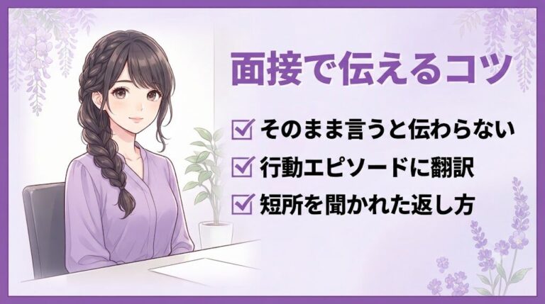 面接で最上志向を自己PRとして穏やかに伝える女性のイラスト