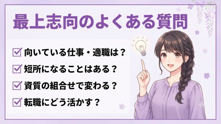 最上志向のよくある質問にひらめく女性のイラスト