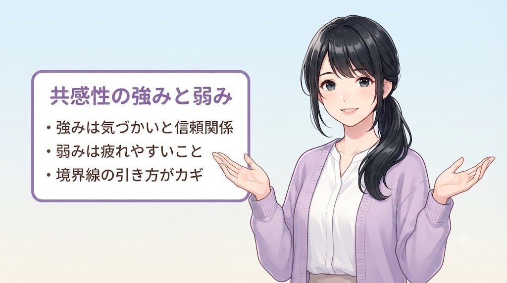 ストレングスファインダー「共感性」の強みと弱みを整理するイラスト