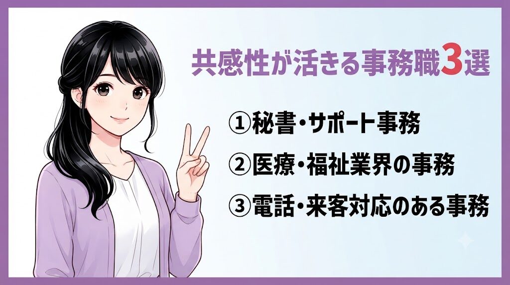 ストレングスファインダー「共感性」が活きる事務職3選を紹介する女性のイラスト