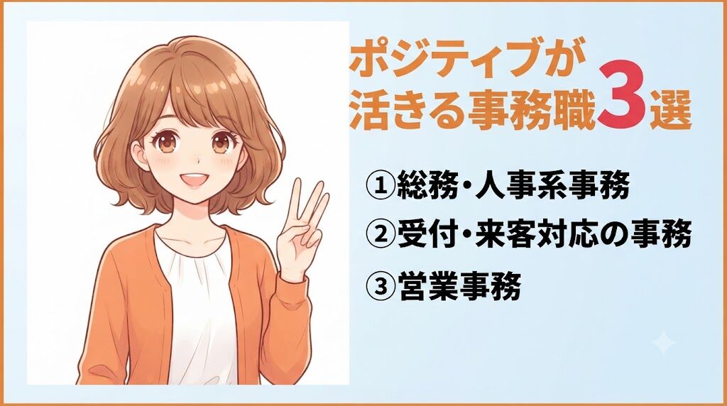 ストレングスファインダー「ポジティブ」が活きる事務職3選を紹介する女性のイラスト