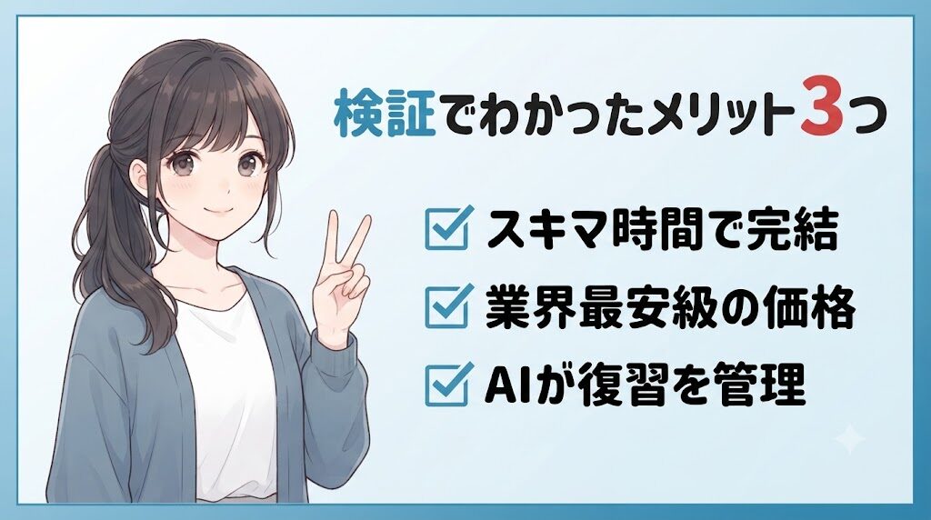スタディング簿記講座を検証してわかったメリット3つを説明するイラスト
