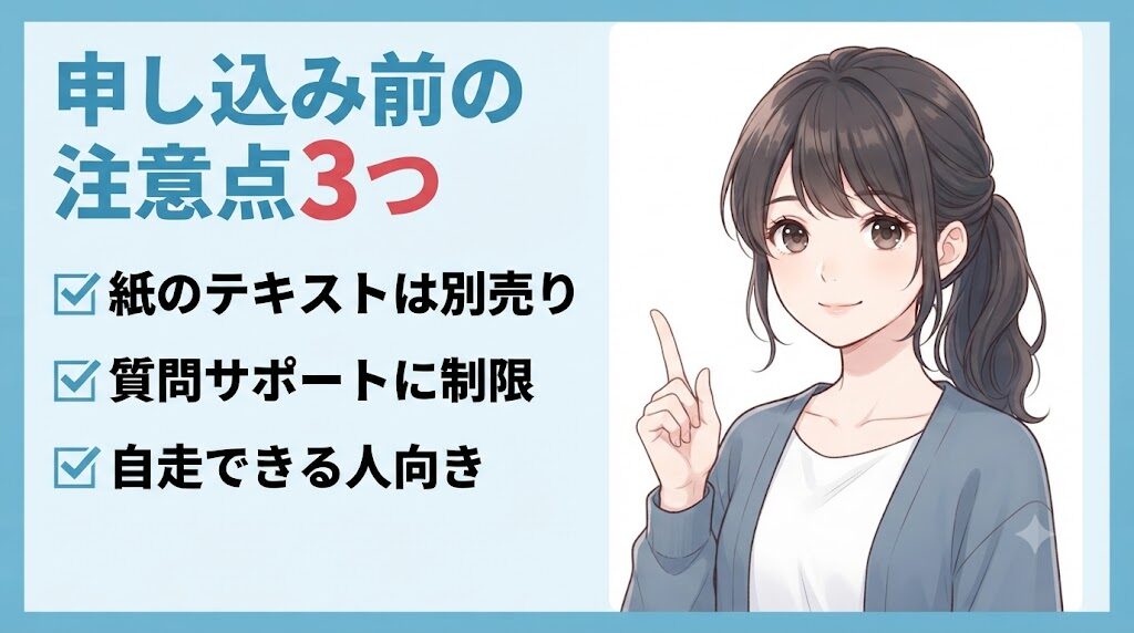 スタディング簿記講座の申し込み前に知っておきたい注意点3つのイラスト