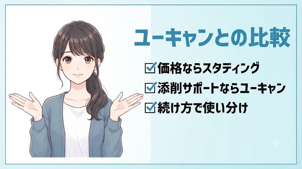 スタディングとユーキャンの簿記講座を比較して使い分けを解説するイラスト