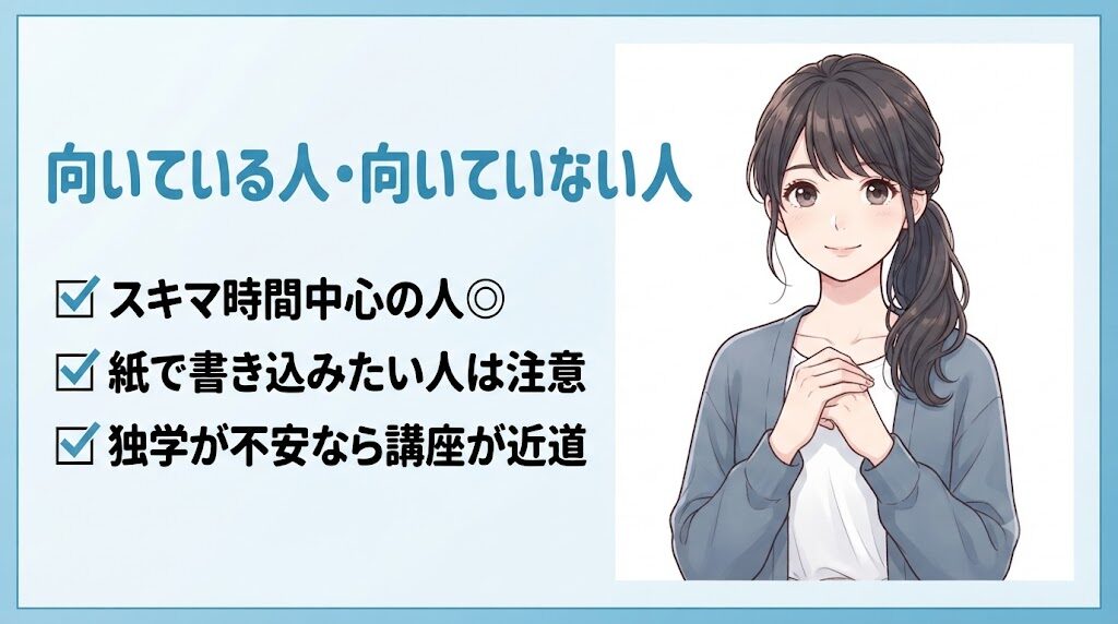 スタディング簿記講座が向いている人と向いていない人の特徴を紹介するイラスト