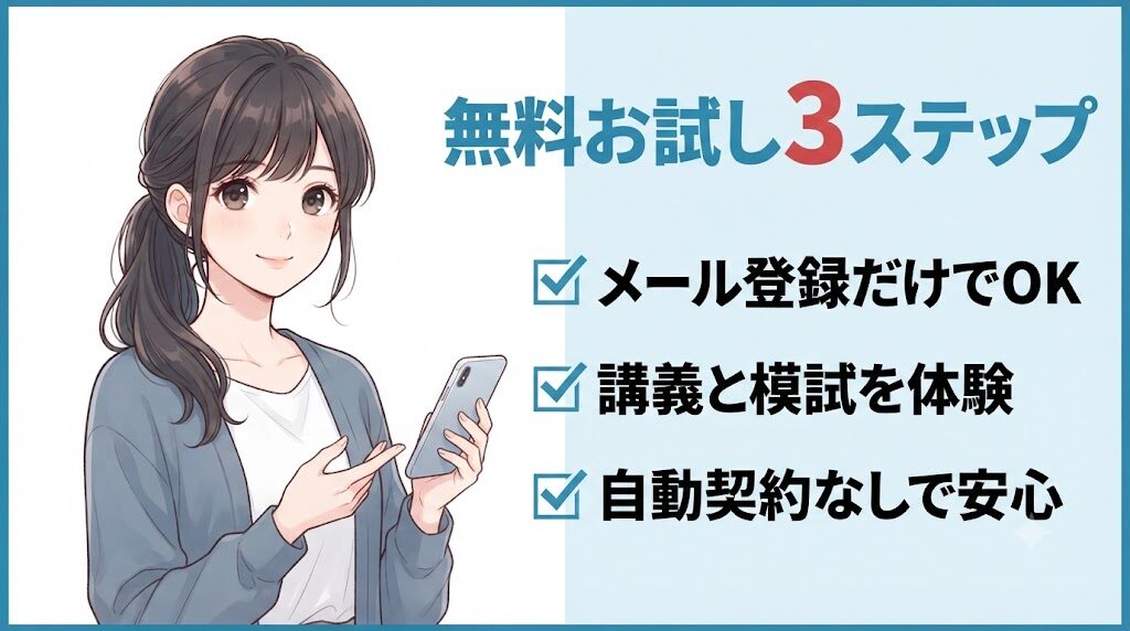 スタディング簿記講座の無料お試しを始める3ステップを案内するイラスト