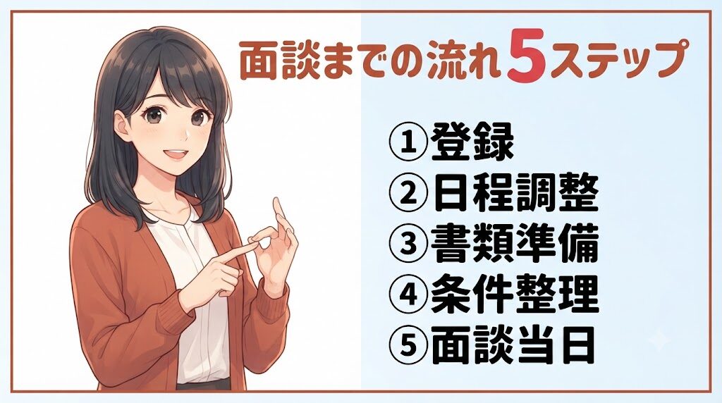 転職エージェントの体験談をもとに登録から面談までの流れを説明する女性イラスト
