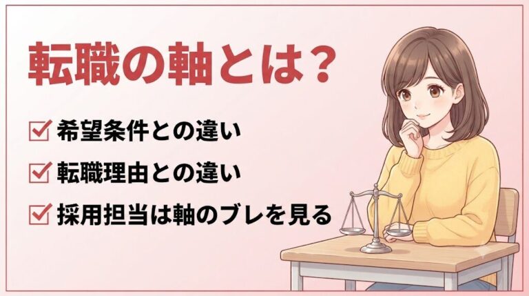 転職の軸とは？希望条件との違いを天秤を前に考える女性のイラスト