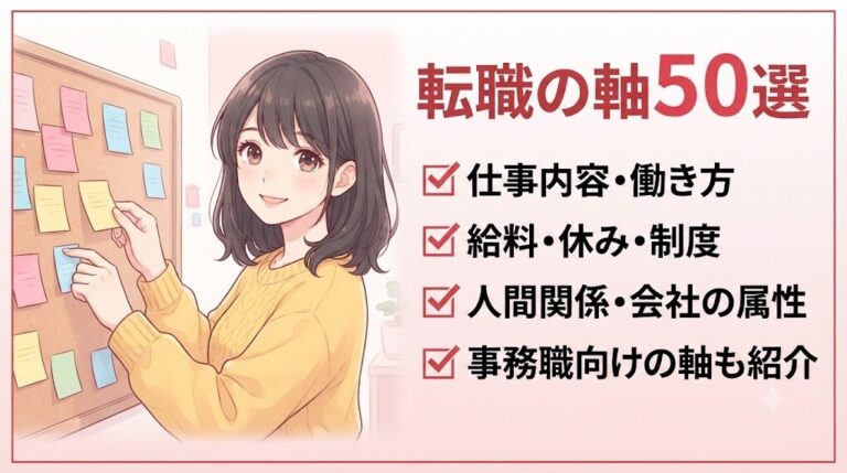 転職の軸50選をカテゴリ別に付箋で整理する女性のイラスト