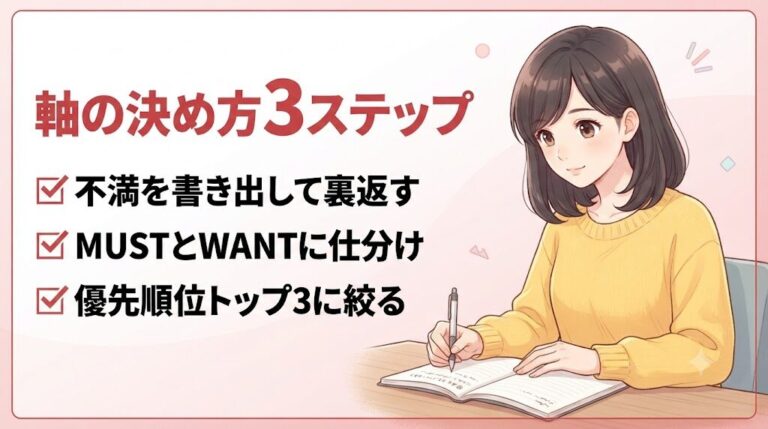 転職の軸の決め方3ステップをノートに書き出す女性のイラスト