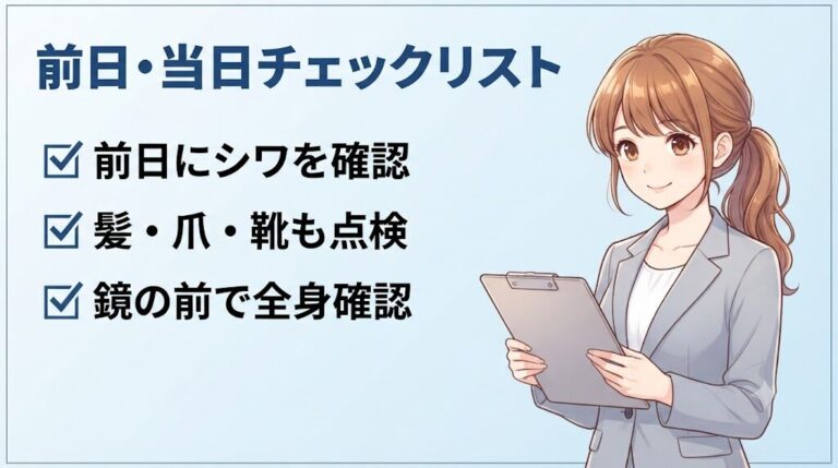 ユニクロのスーツで面接に行く前日・当日の身だしなみチェックリストを案内する女性のイラスト