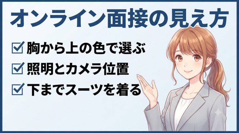オンライン面接でユニクロのスーツを画面越しに好印象へ整える3つのステップを案内する女性のイラスト