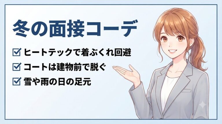 冬の転職面接でのコートのマナーやヒートテックを使った寒さ対策を案内する女性のイラスト
