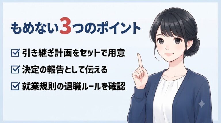有給消化でもめないための3つのポイントを説明する採用担当目線の女性のイラスト
