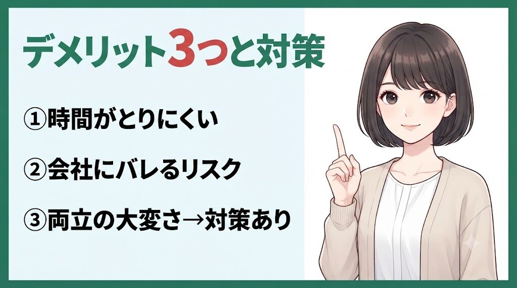 在職中の転職活動のデメリット3つと対策をまとめたイラスト