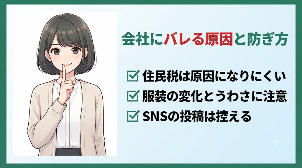 在職中の転職活動が会社にバレる原因とバレないための対策を説明するイラスト