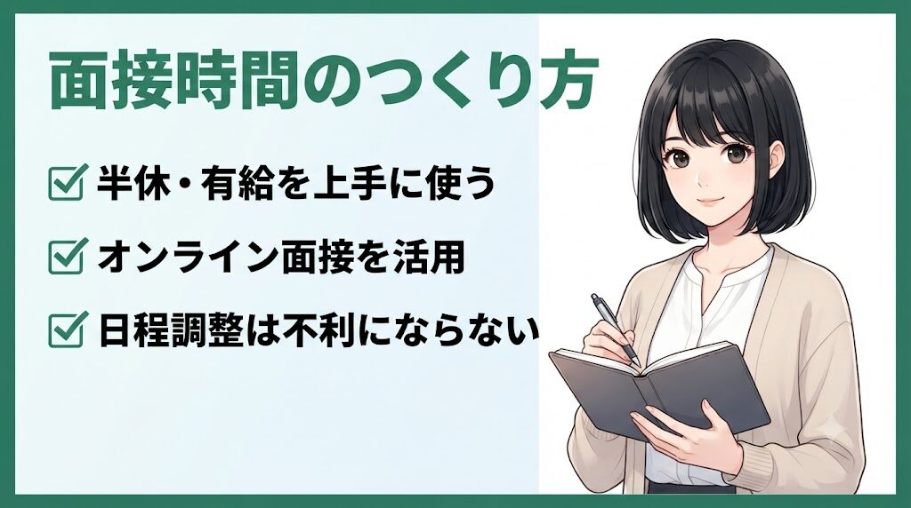 在職中の転職活動で面接の時間を作る方法を考える事務職女性のイラスト