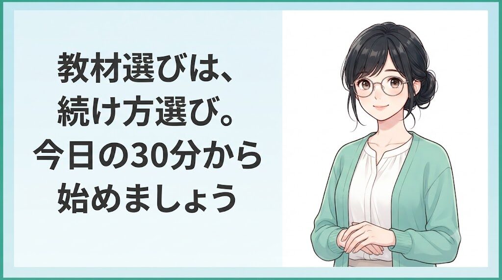 簿記の教材は続けられる仕組みで選ぼうとまとめる女性のイラスト