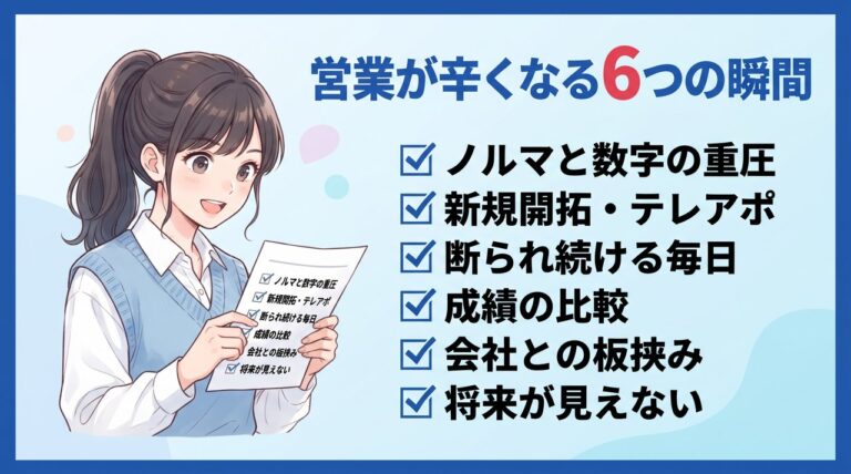 営業が辛くなる6つの瞬間：ノルマ、新規開拓、断られる辛さ、成績比較、板挟み、将来への不安