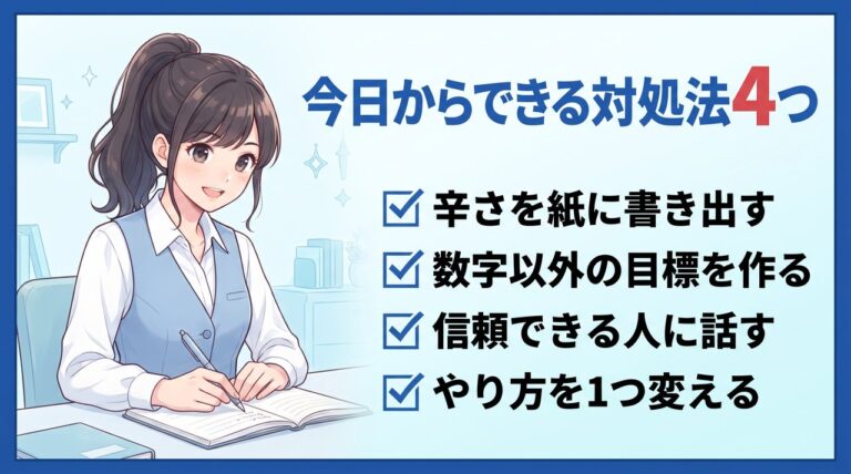 営業が辛いときの対処法4つ：辛さを書き出す、数字以外の目標、人に相談、やり方を1つ変える