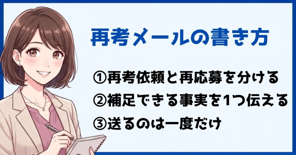 不採用後のメールで大切な3つを解説する図解。再考依頼と再応募を分ける、補足できる事実を1つ伝える、送るのは一度だけ。
