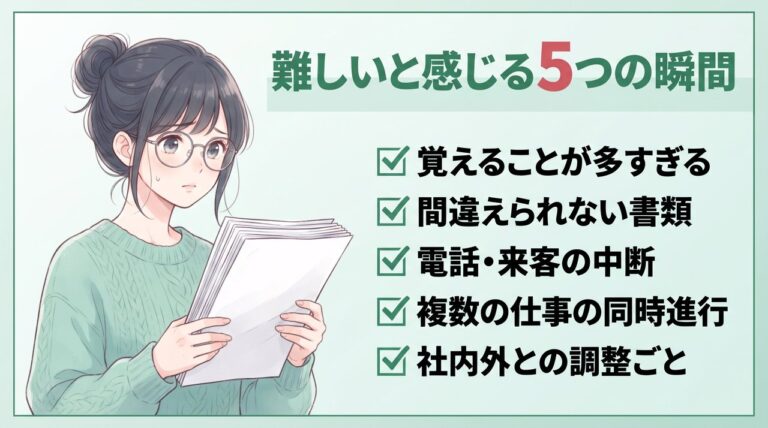 事務が難しいと感じる5つの瞬間:覚えることの多さ、書類、電話の中断、同時進行、調整ごと