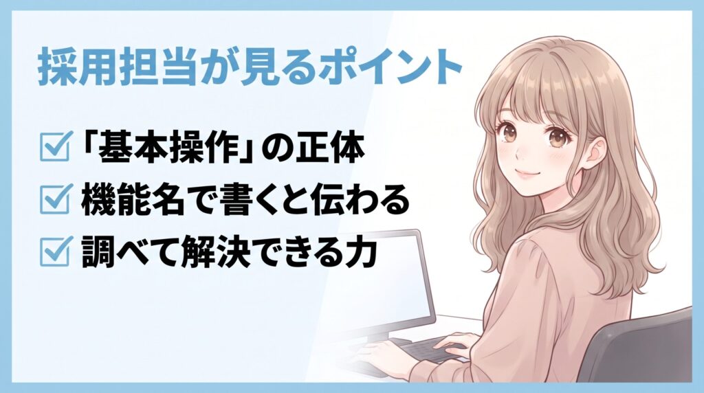 採用担当が見ている事務職のPCスキルのポイントを解説するイラスト
