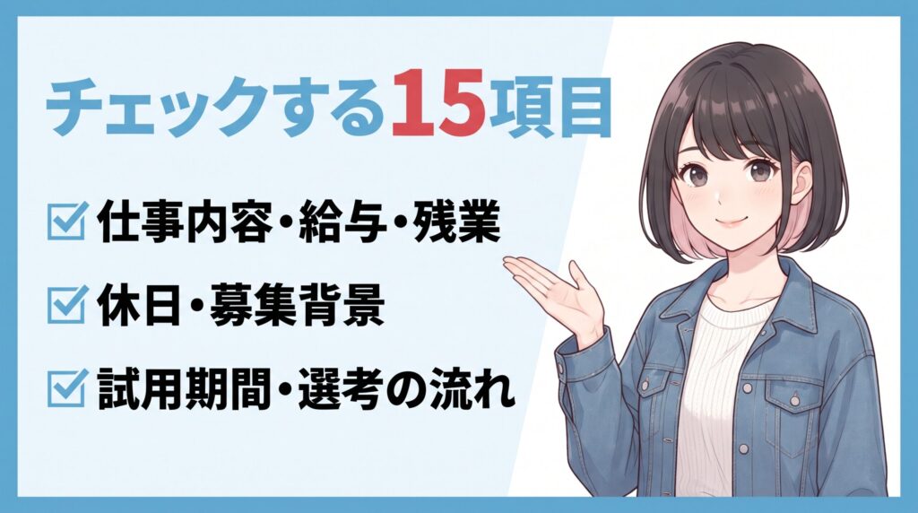 求人票チェック診断で確認する15項目を紹介するイラスト