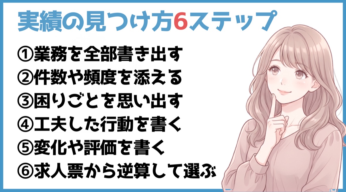事務職の実績を見つける6ステップ：業務、数字、困りごと、工夫、変化、求人票から整理する