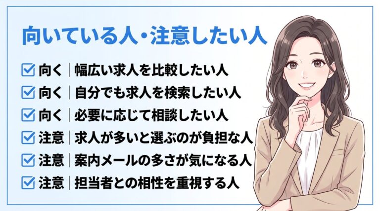 dodaが向いている人（幅広い求人を比較したい・自分でも検索したい・必要に応じて相談したい）と利用前に注意したい人（求人の多さが負担・案内メールの多さが気になる・担当者との相性重視）の図