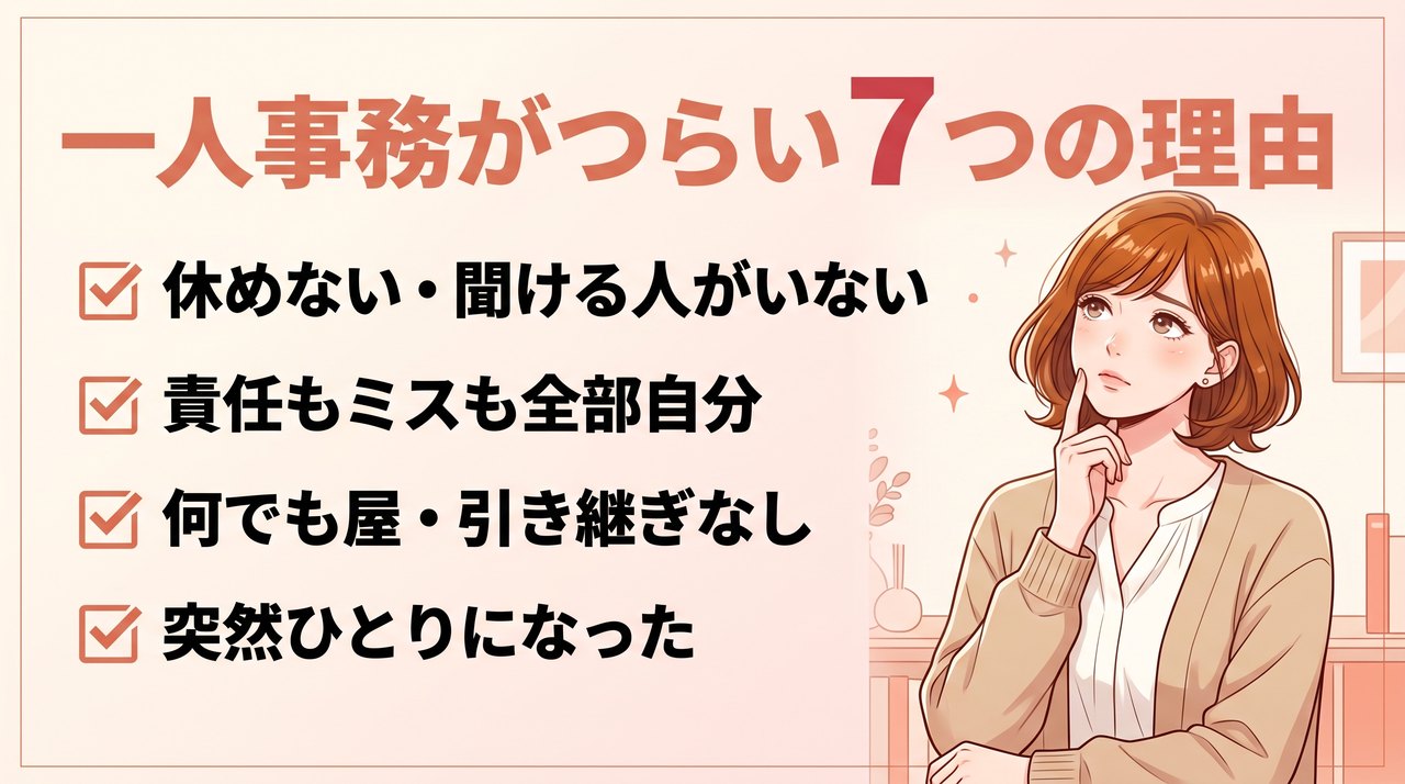 一人事務がつらい7つの理由:休めない、聞ける人がいない、責任が全部自分、何でも屋、引き継ぎなし、月末の山、突然ひとりになった