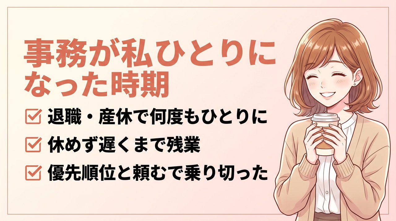 同僚の退職や産休で事務が実質ひとりになった時期を、優先順位と事務以外の人に頼むことで乗り切った体験談