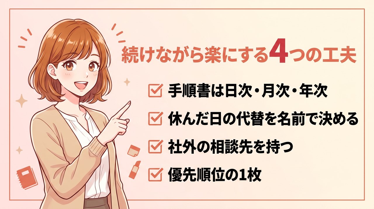 一人事務を続けながら楽にする4つの工夫:手順書3枚、休んだ日の代替、社外の相談先、優先順位の1枚