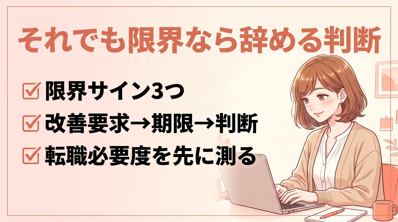 一人事務で限界を感じたときの辞める判断の目安:限界サイン3つ、改善要求から期限を切って判断、転職必要度チェック