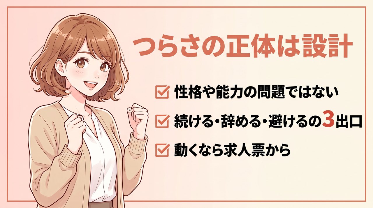 一人事務がつらい理由の正体は職場の設計にあるというまとめと、続ける・辞める・避けるの3つの出口、転職サービス比較への案内