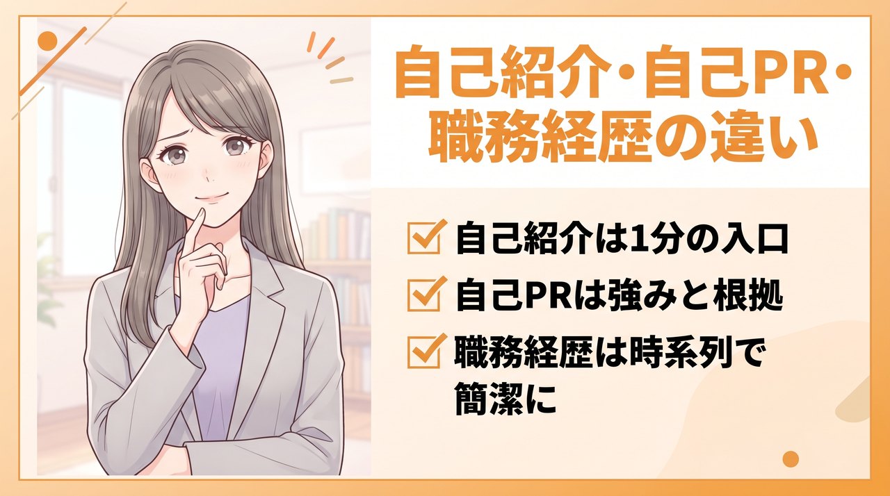 自己紹介と自己PR・職務経歴説明の違い:自己紹介は1分の入口、自己PRは強みと根拠、職務経歴は時系列で簡潔に