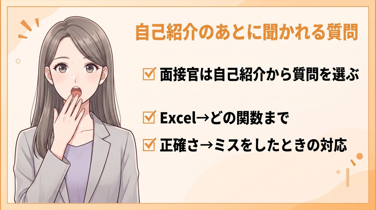 自己紹介のあとに採用担当が聞く質問:面接官は自己紹介から質問を選ぶ、Excelと言えばどの関数まで、正確さと言えばミスをしたときの対応